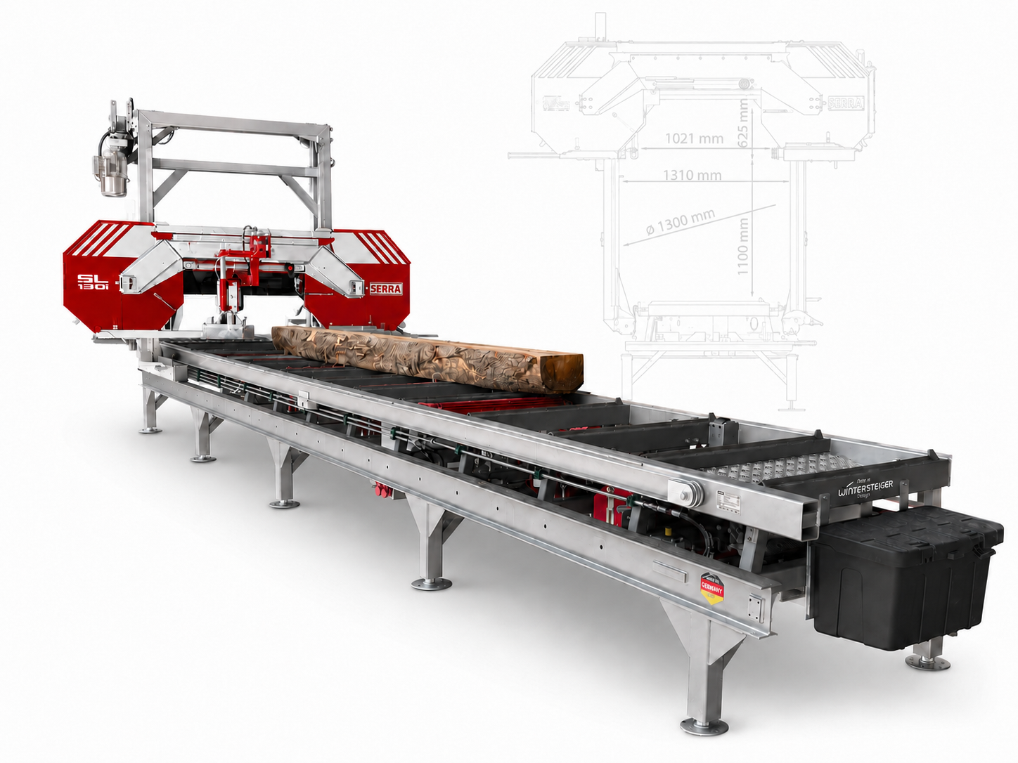 Scierie mobile SERRA BAVARIA SL130i détourée, avec schéma technique des dimensions